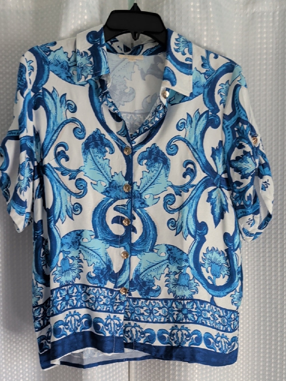 Haute Hippie Blue and White Scroll-Print Button Front Shirt